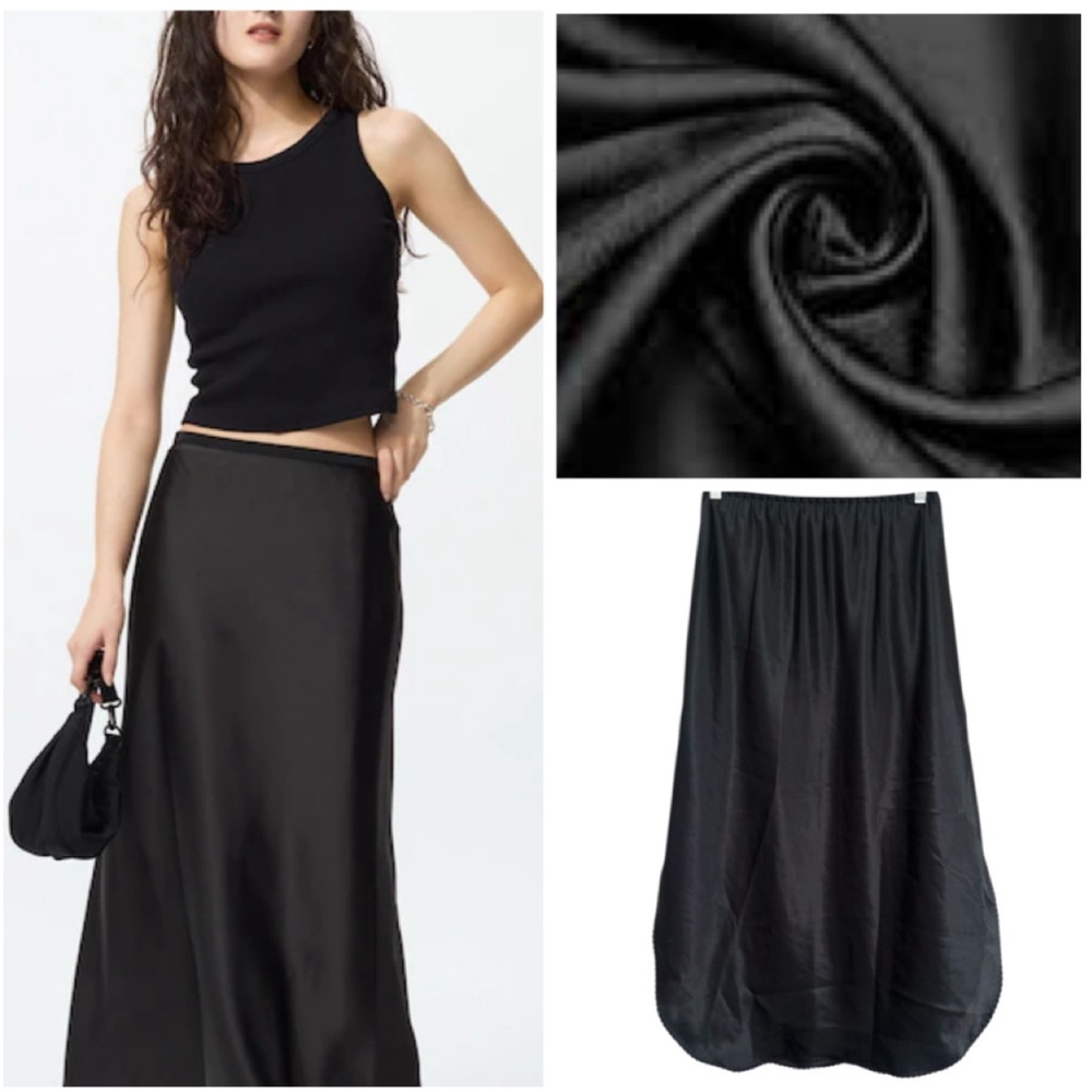 Vintage Slip Skirt USA MADE Lingerie Long Half Slip Black Silk Satin Size XLarge